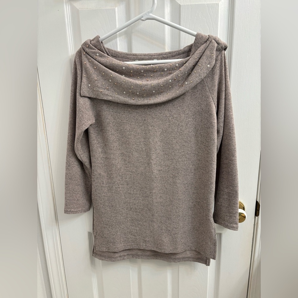 Cleo Taupe Cowl Neck Sweater with Embellishments